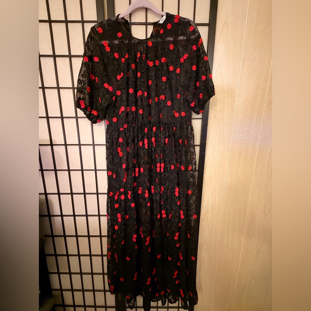 Zara Black Maxi Dress with Red Floral Design